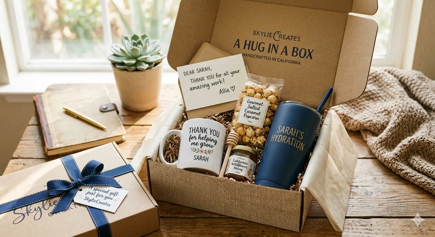 Thank you gift baskets for coworkers with desk accessories and snacks