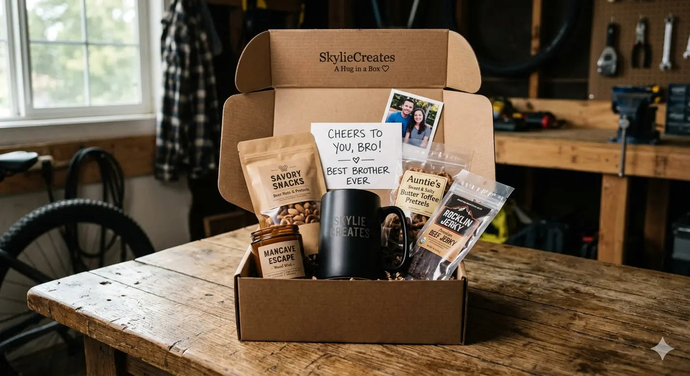 Gift baskets for brother with beer snacks and mug