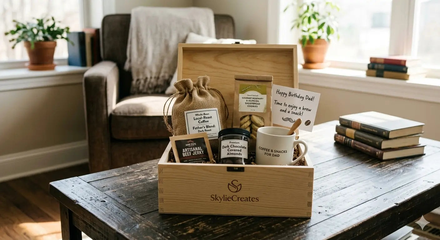 Birthday gift boxes for dad with coffee and snacks