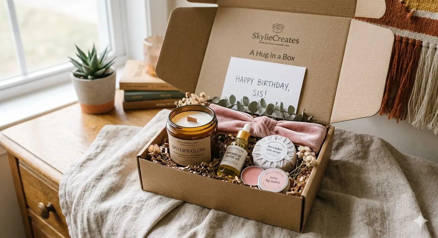 Birthday gift boxes for sister with beauty products and candles