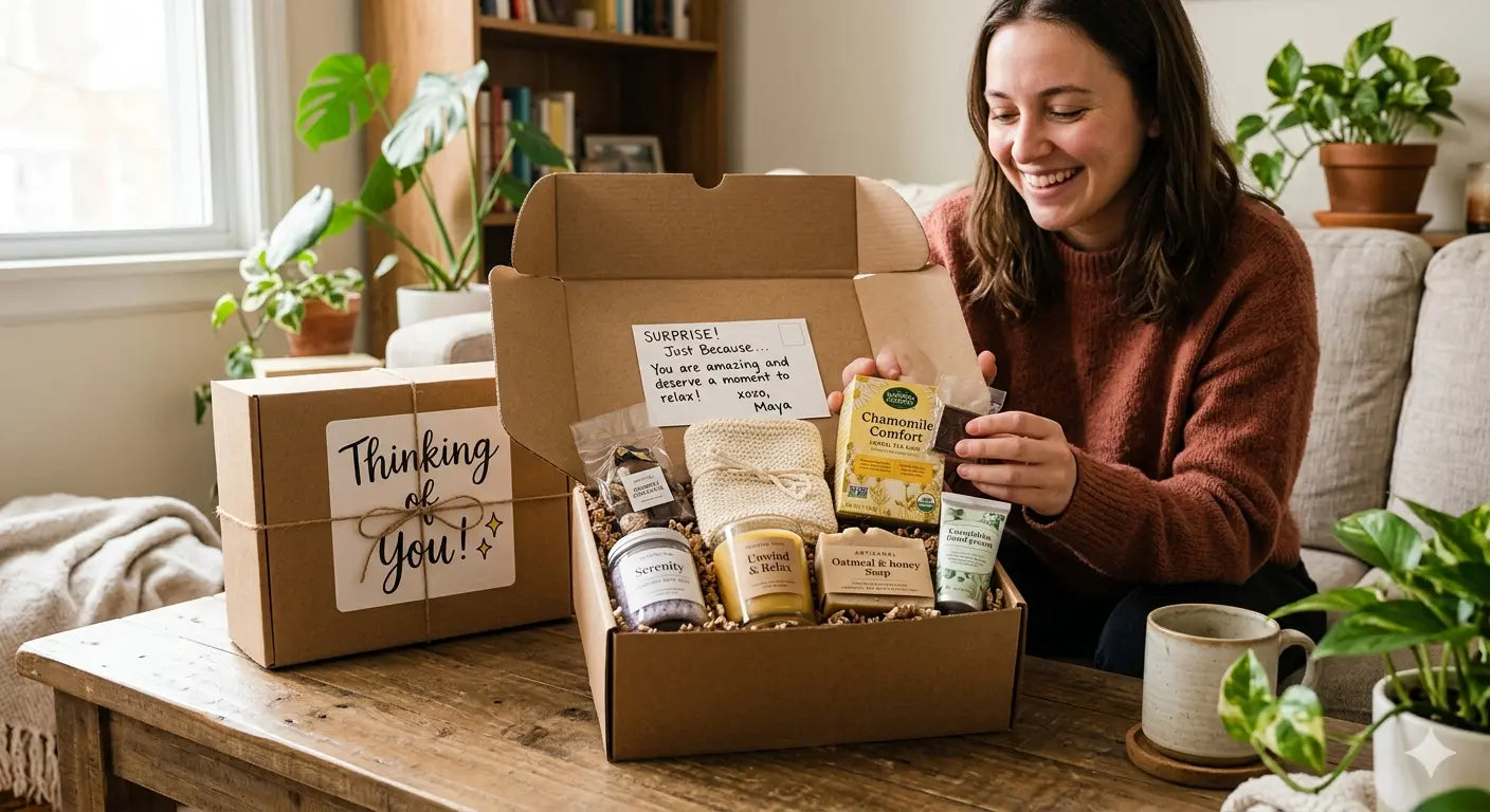 Surprise "just because" gift boxes for friends with self-care items