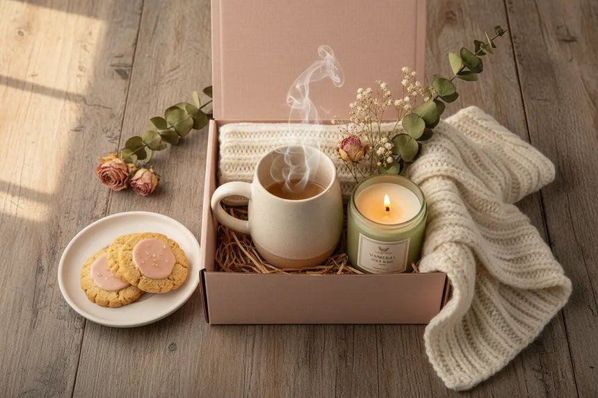 Ready-made gift boxes for women with mug and candle