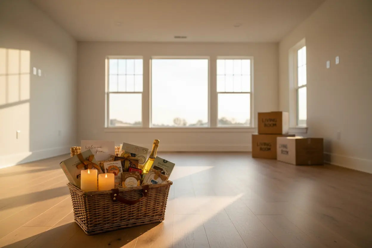 Housewarming gift baskets for new homeowners with candles and treats