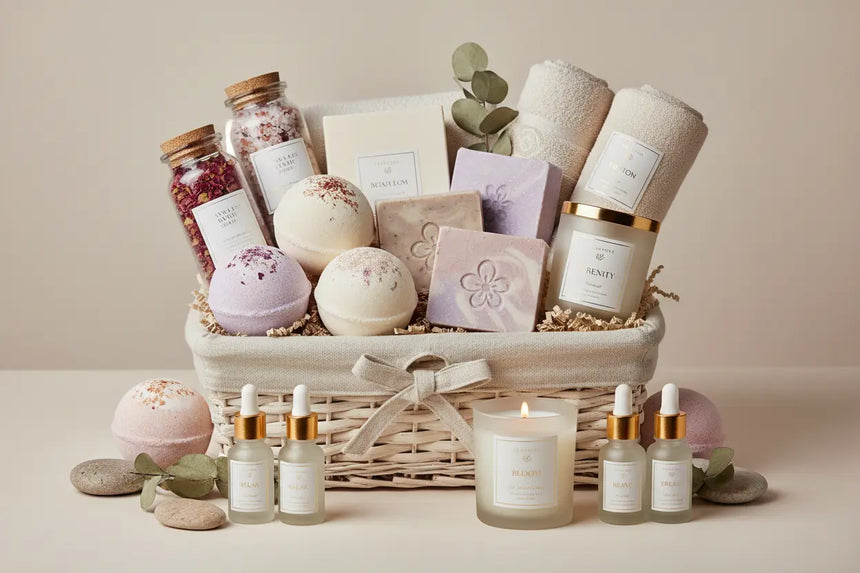 Luxury self-care gift baskets for women with bath products