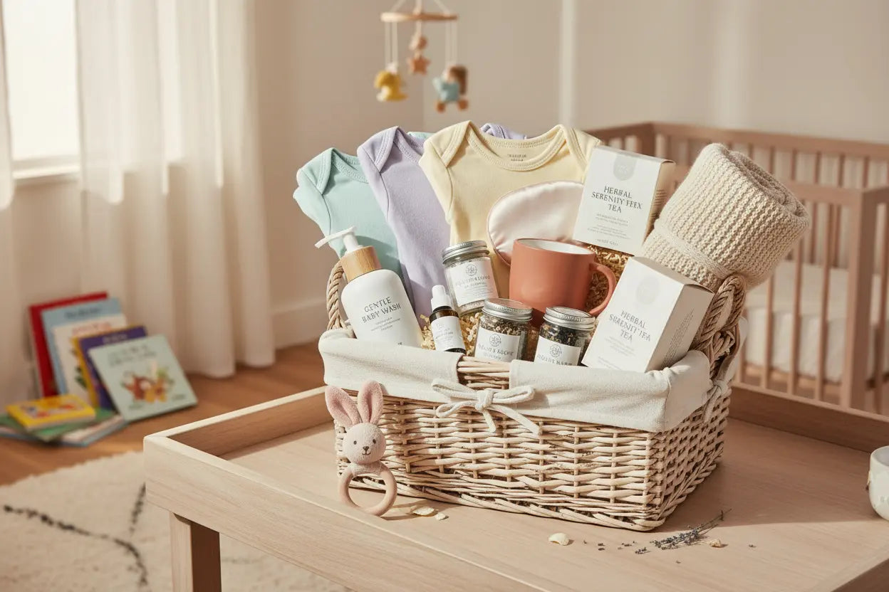 New mom gift baskets with baby essentials and self-care items
