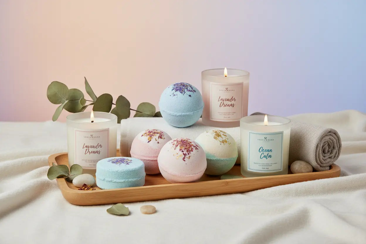 Relaxation and spa gift sets with bath bombs and candles