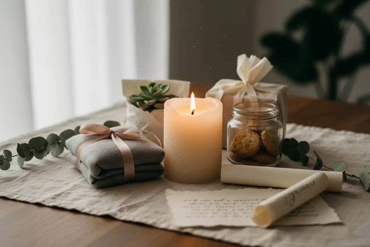 Sympathy gift boxes for loss with candles and comforting treats