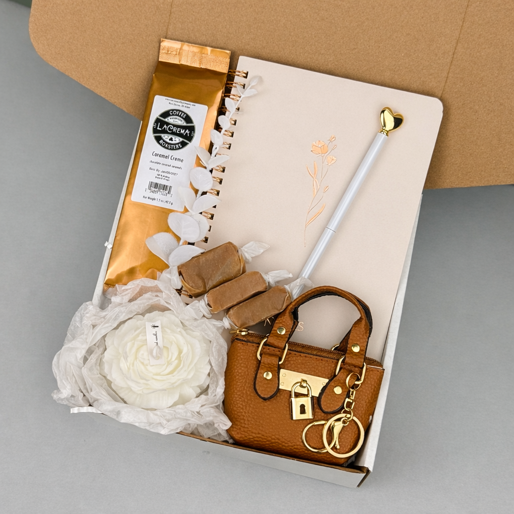 Cozy Coffee & Treats Gift Box – Ground Coffee, Notebook & Pen, Rose Candle, Mini Bag Keychain, Sugar-Free Caramel Candles Top