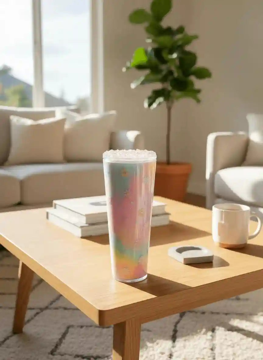 Rainbow Daisies Snow Globe Tumbler 24oz in room setting