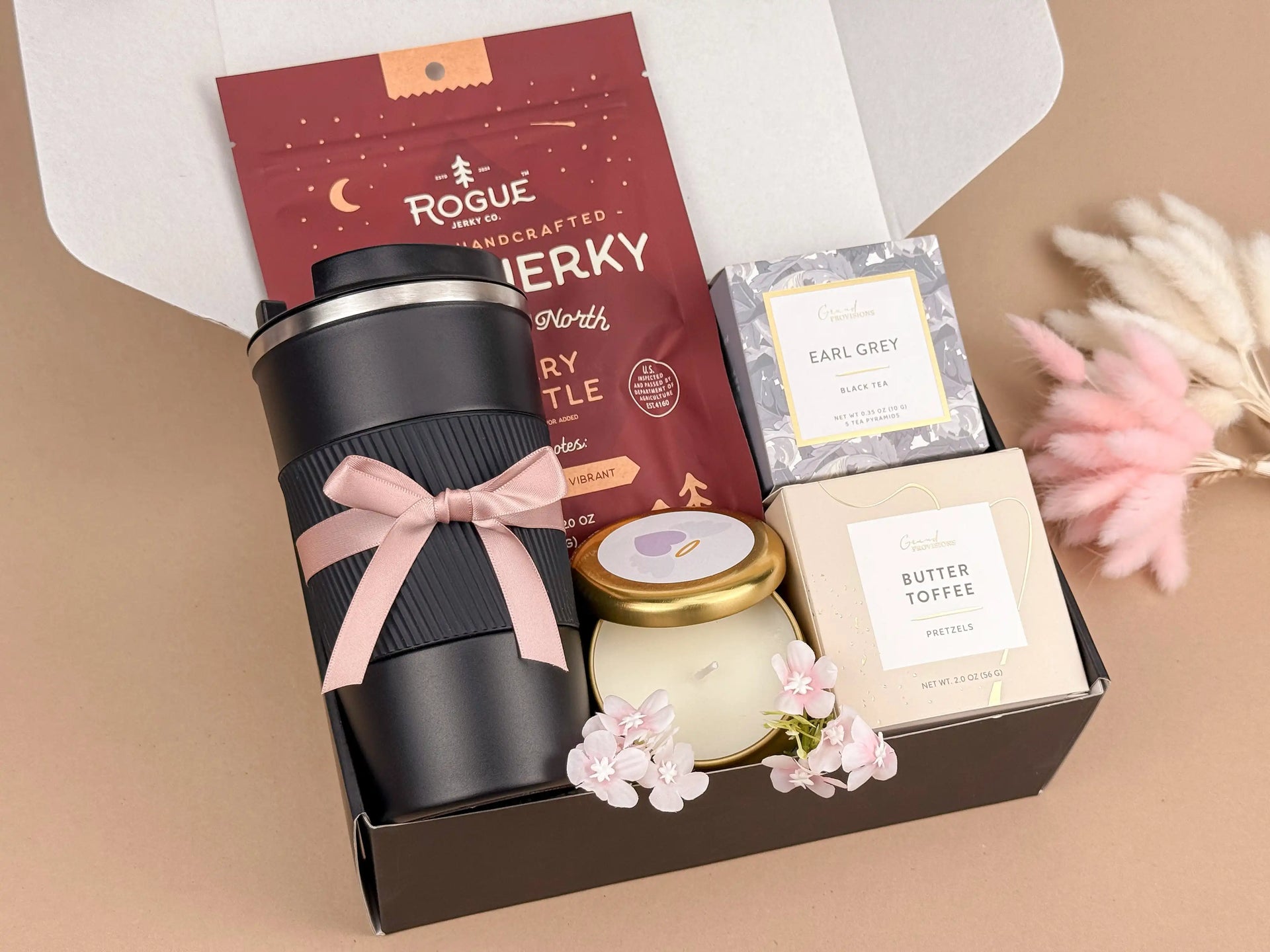 A Hug in a Box – Personalized Tumbler Set, Premium Jerky & Sweet Toffee Pretzels, Earl Grey Tea Pyramids, Hand-Assembled Gift Box