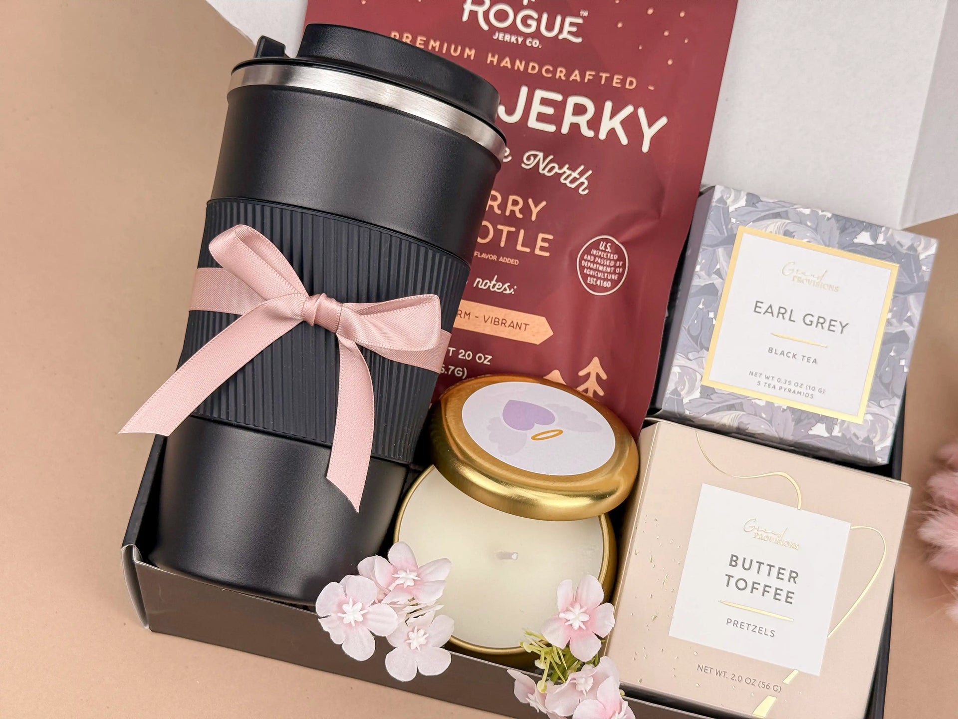 A Hug in a Box – Personalized Tumbler Set, Premium Jerky & Sweet Toffee Pretzels, Earl Grey Tea Pyramids, Hand-Assembled Gift Box 2