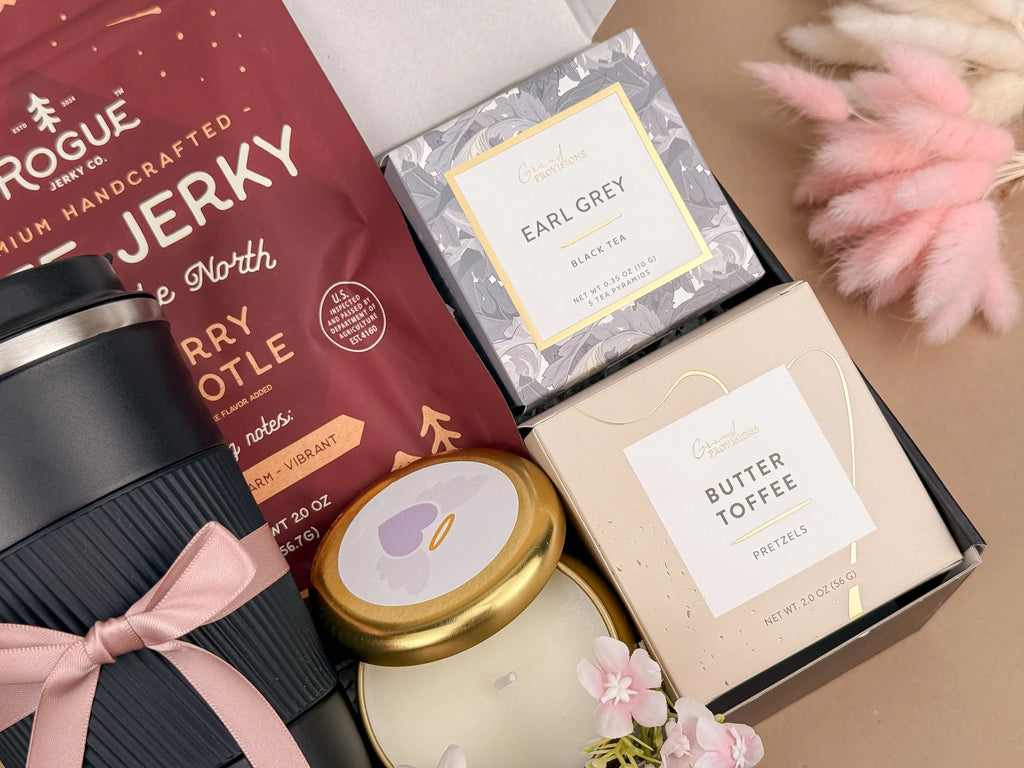 A Hug in a Box – Personalized Tumbler Set, Premium Jerky & Sweet Toffee Pretzels, Earl Grey Tea Pyramids, Hand-Assembled Gift Box 4