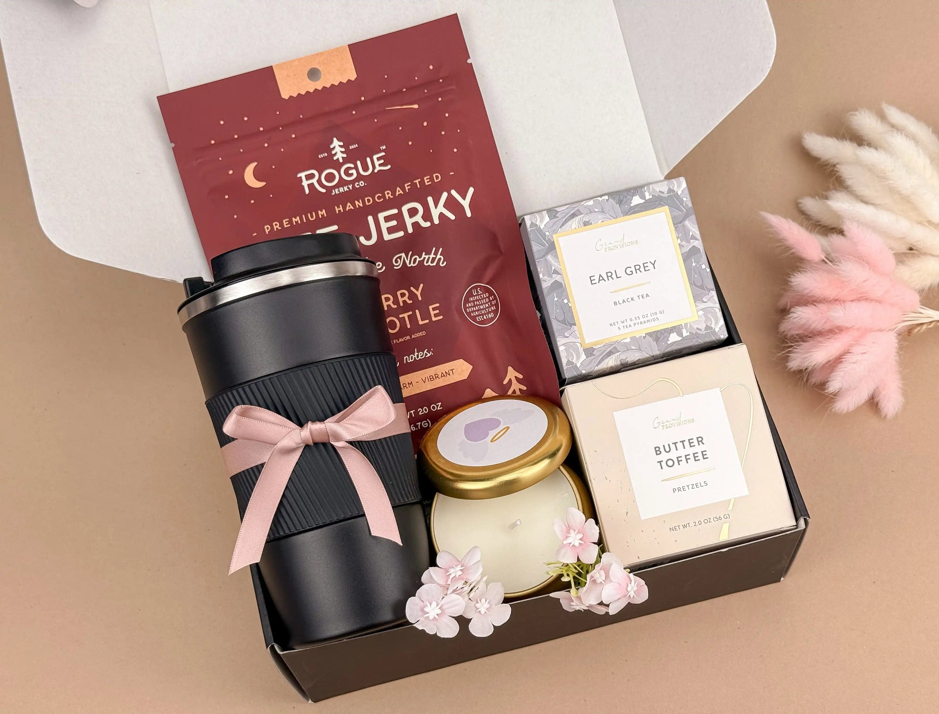 A Hug in a Box – Personalized Tumbler Set, Premium Jerky & Sweet Toffee Pretzels, Earl Grey Tea Pyramids, Hand-Assembled Gift Box 3