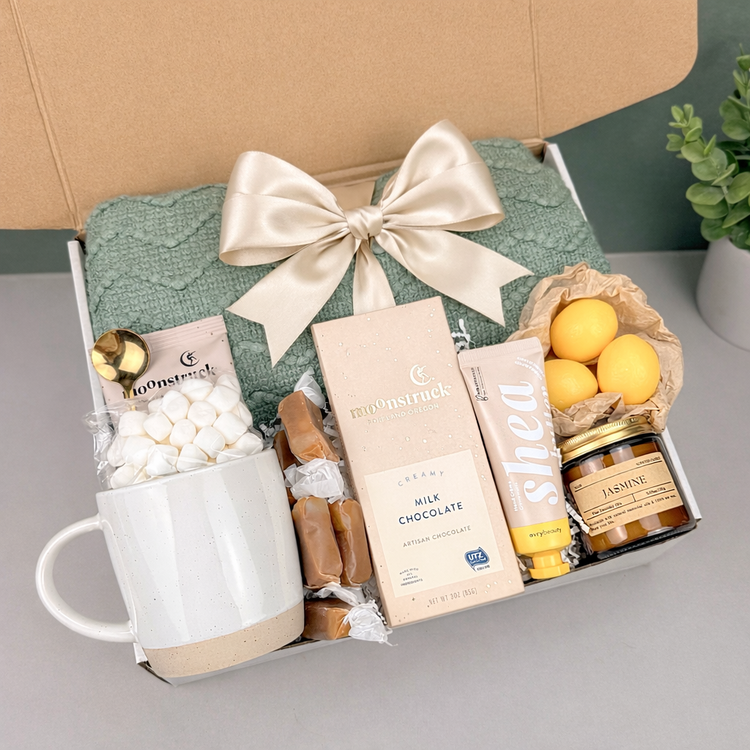Valentine’s Cozy Comfort Gift Box – Blanket, Mug, Chocolate, Cocoa & Sweet Self-Care Treats for Her