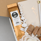 Cozy Coffee & Treats Gift Box – Ground Coffee, Notebook & Pen, Rose Candle, Mini Bag Keychain, Sugar-Free Caramel Candles Coffee