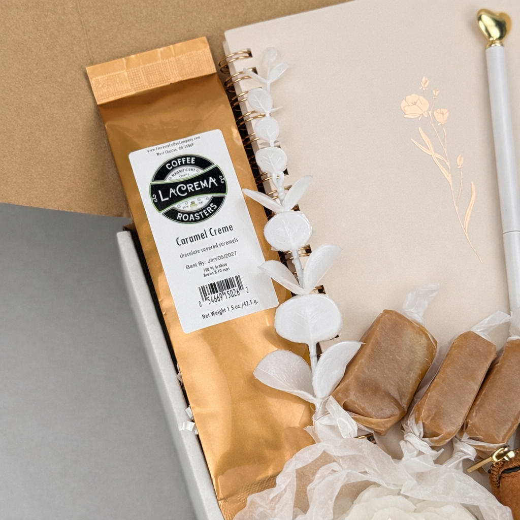 Cozy Coffee & Treats Gift Box – Ground Coffee, Notebook & Pen, Rose Candle, Mini Bag Keychain, Sugar-Free Caramel Candles Coffee