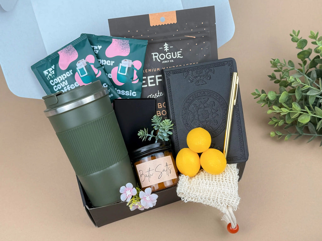 Birthday Gift Box for Him – Steel Tumbler, Gourmet Snacks, Professional Notebook Set, Coffee & Spa Essentials – Thinking of You Gift for Men