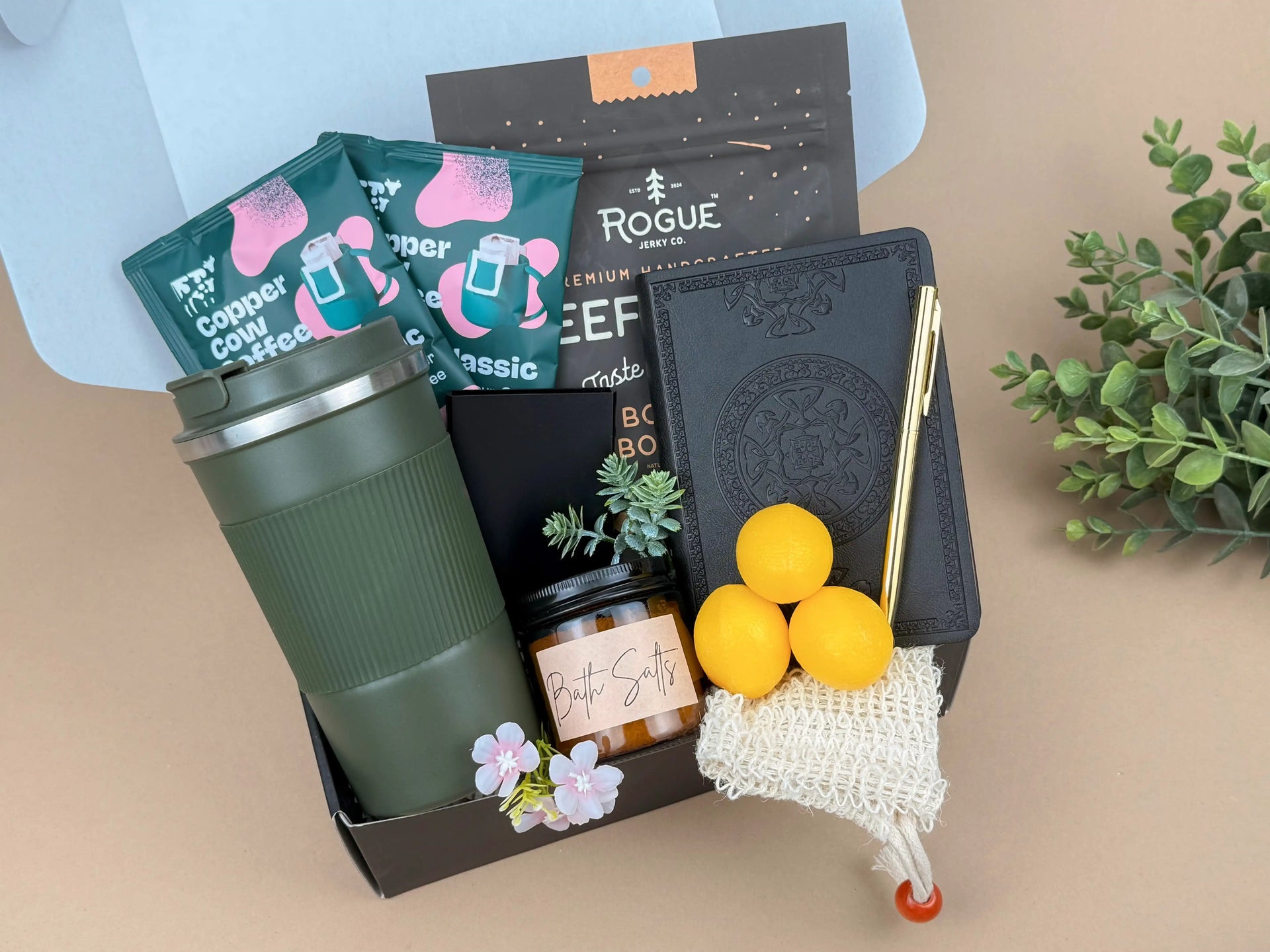 Birthday Gift Box for Him – Steel Tumbler, Gourmet Snacks, Professional Notebook Set, Coffee & Spa Essentials – Thinking of You Gift for Men