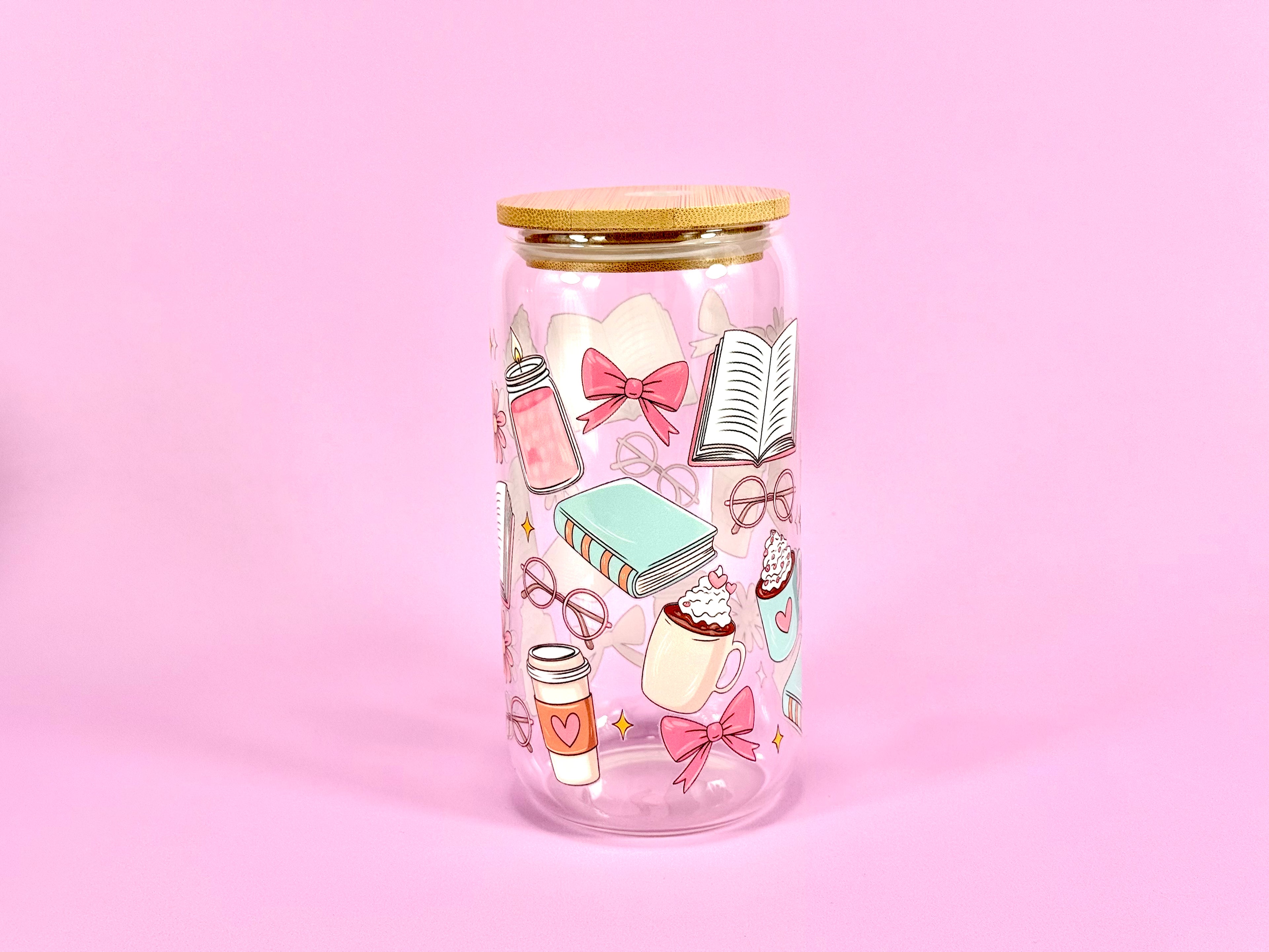 Bookish Charm Glass Cup with Bamboo Lid & Reusable Straw 16 oz