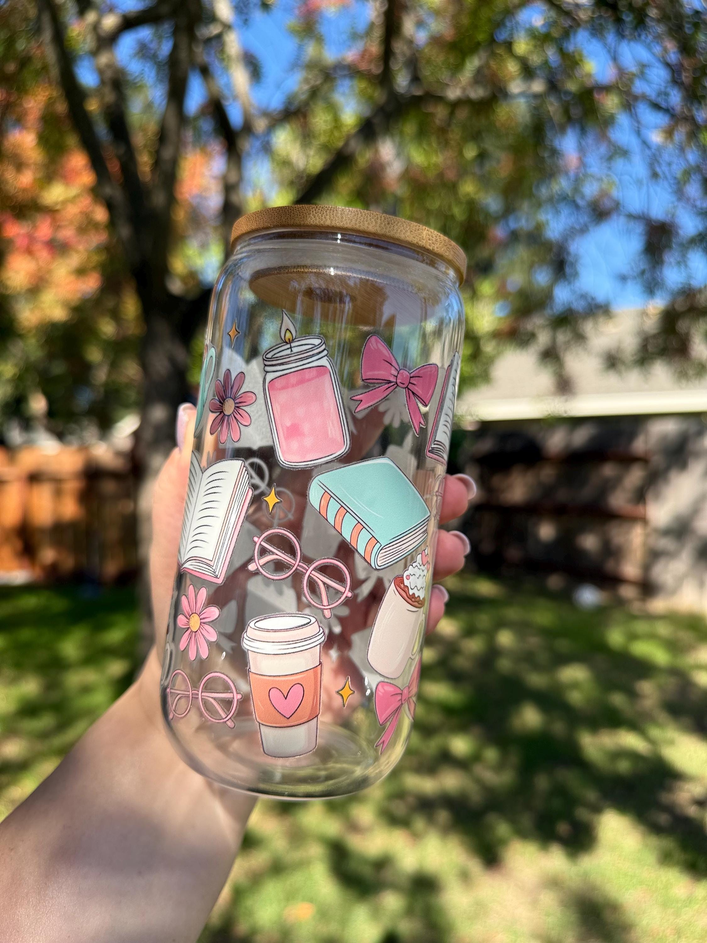 Bookish Charm Glass Cup with Bamboo Lid & Reusable Straw 16 oz Street