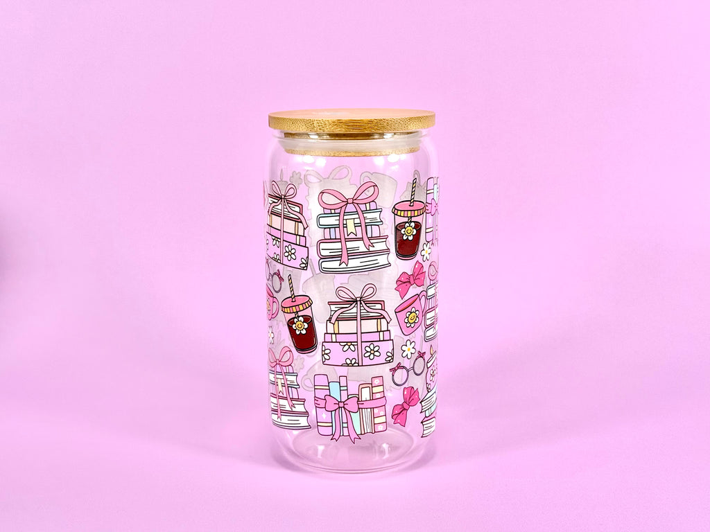 Bookish Coquette Glass Cup with Bamboo Lid & Straw 16 oz