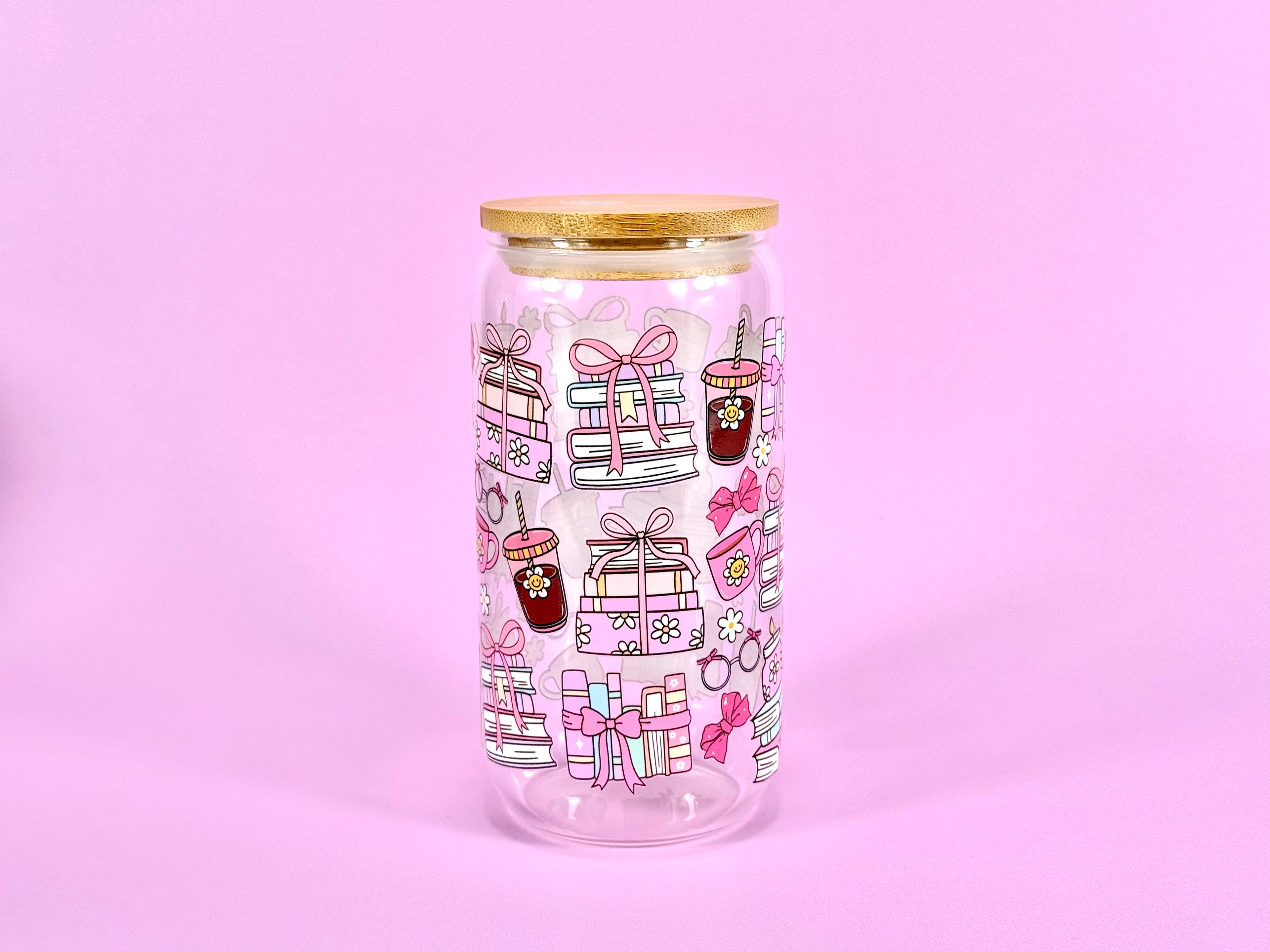 Bookish Coquette Glass Cup with Bamboo Lid & Straw 16 oz