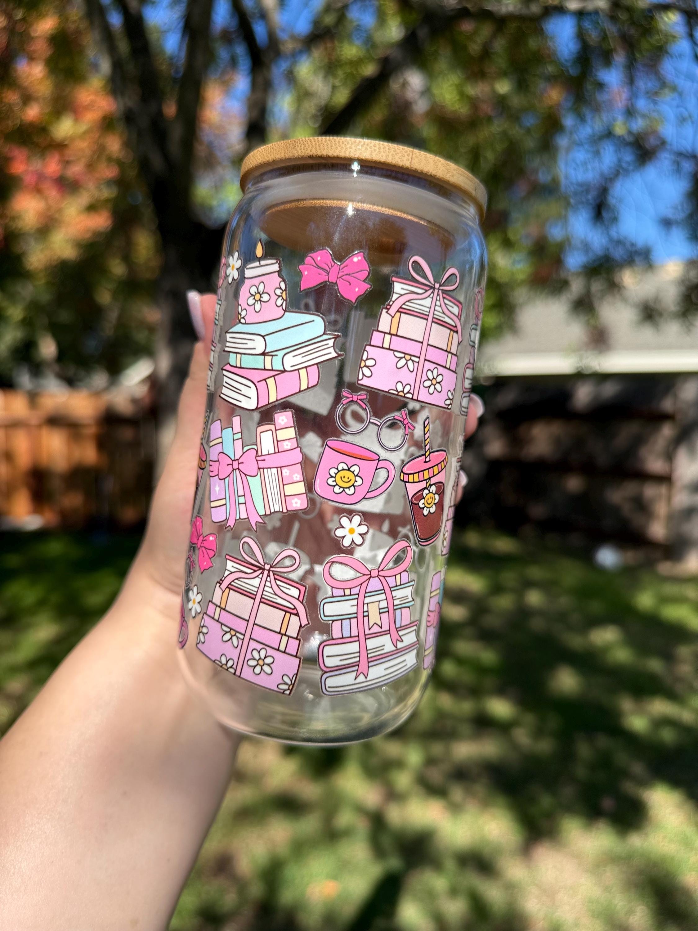 Bookish Coquette Glass Cup with Bamboo Lid & Straw 16 oz Street