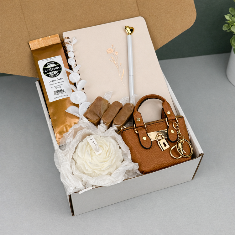 Cozy Coffee & Treats Gift Box – Ground Coffee, Notebook & Pen, Rose Candle, Mini Bag Keychain, Sugar-Free Caramel Candles