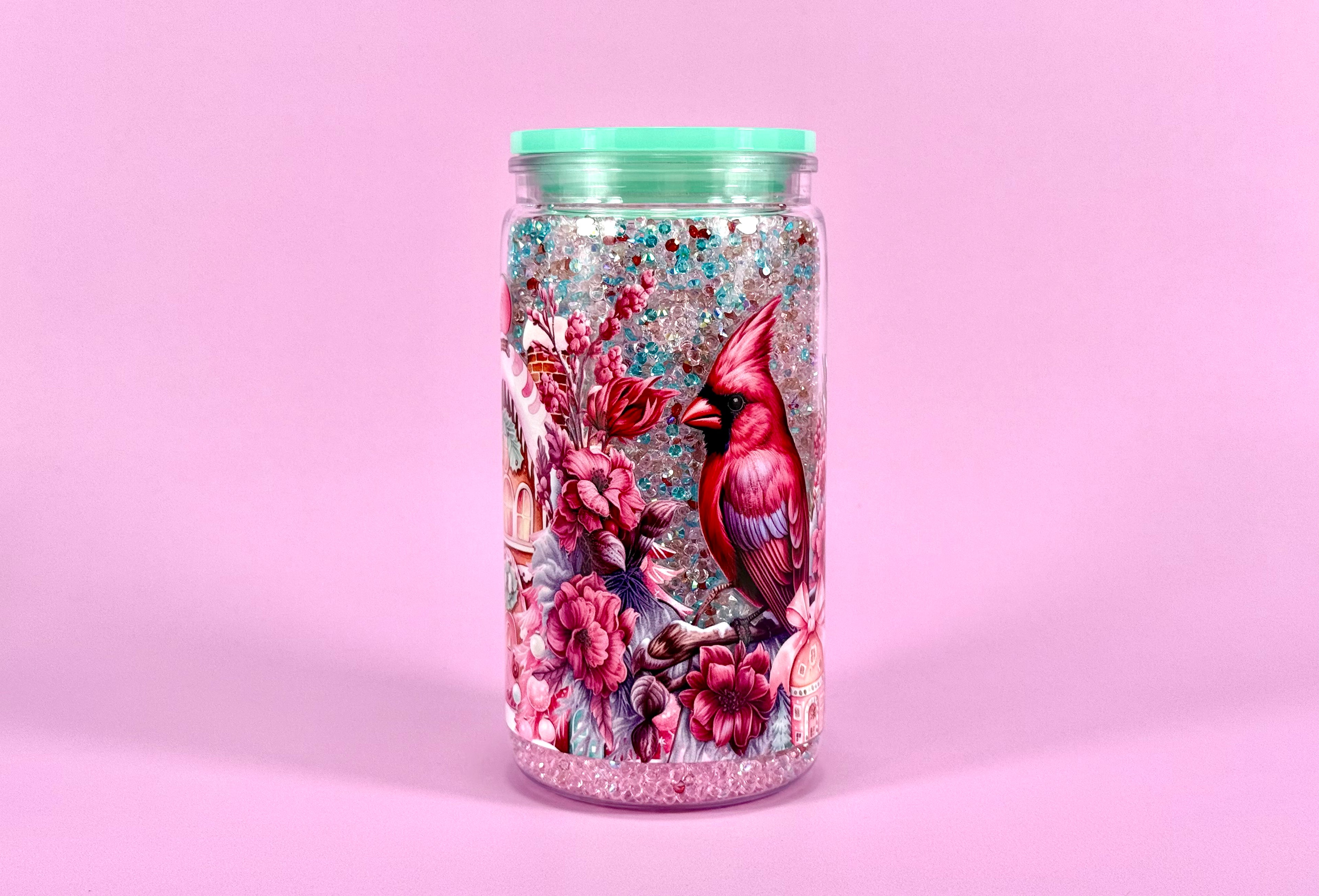 Christmas Bird Crystal Acrylic Tumbler: Sparkling Holiday Cup with Straw, 16 oz