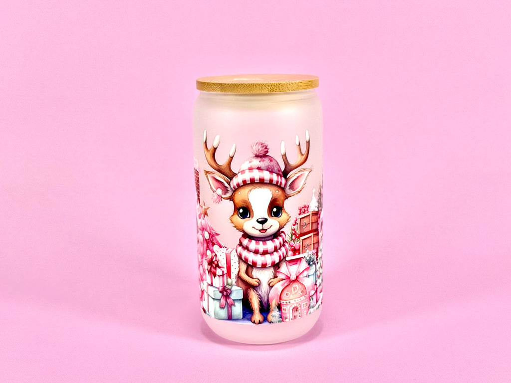 Christmas Deer Matte Glass Cup - Bamboo Lid & Straw, 16 oz