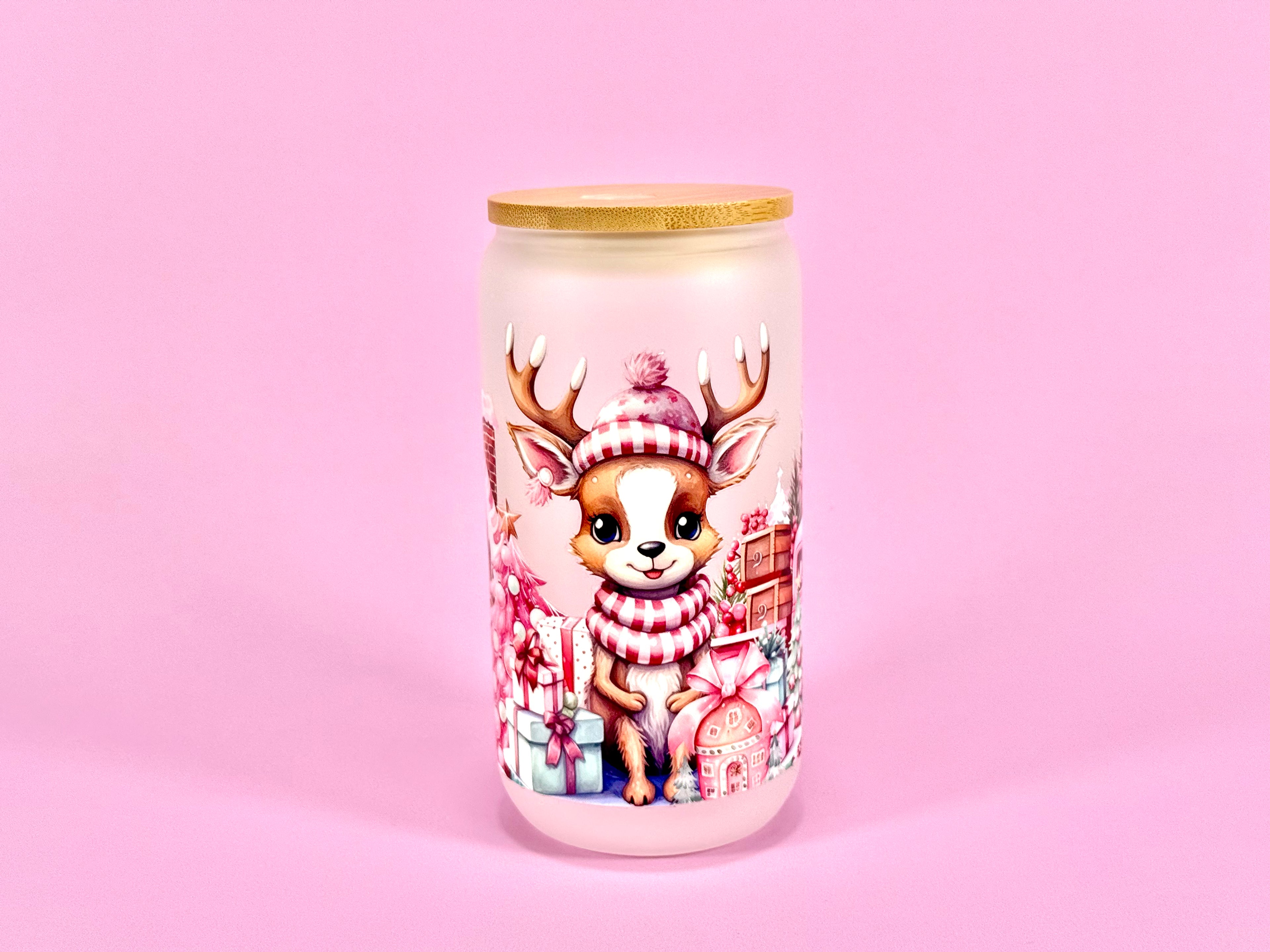 Christmas Deer Matte Glass Cup - Bamboo Lid & Straw, 16 oz