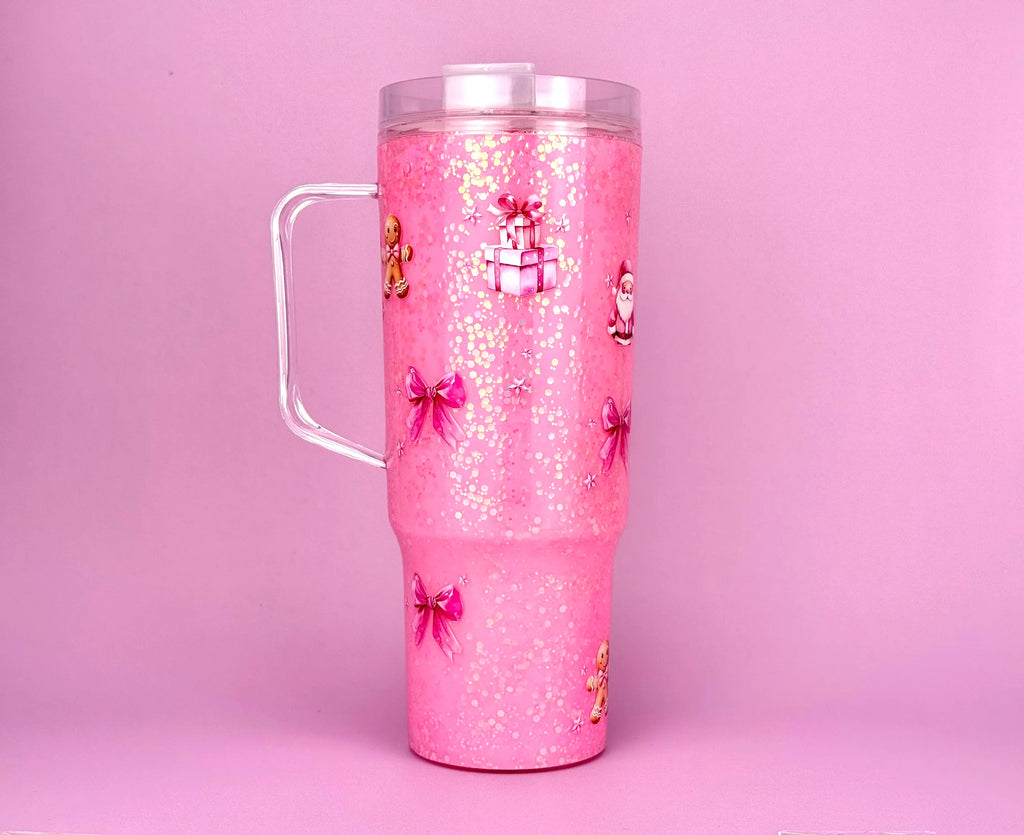 Christmas Gift Snow Globe Cup 40oz – Pink Glitter Tumbler for Holidays