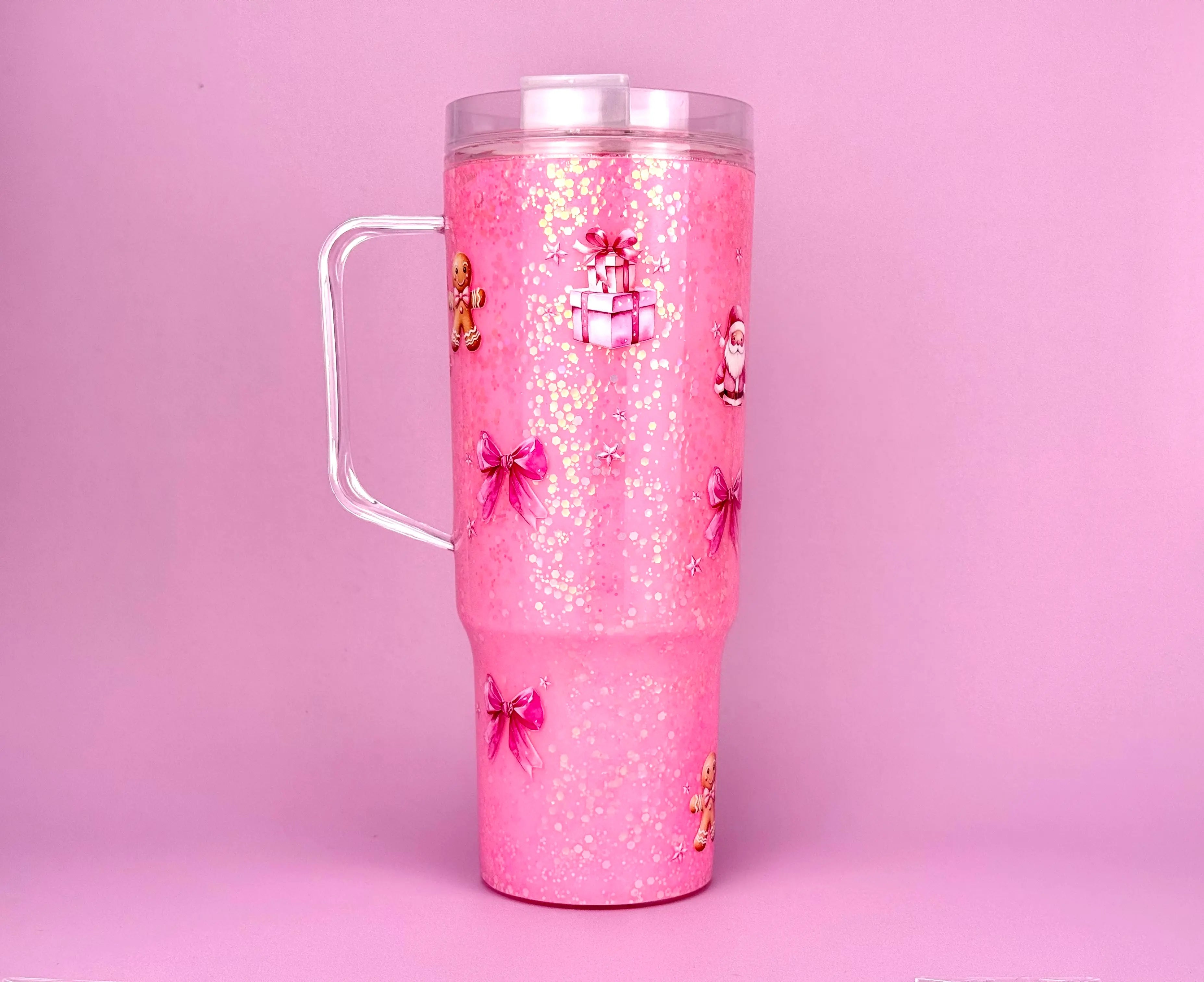 Christmas Gift Snow Globe Cup 40oz – Pink Glitter Tumbler for Holidays