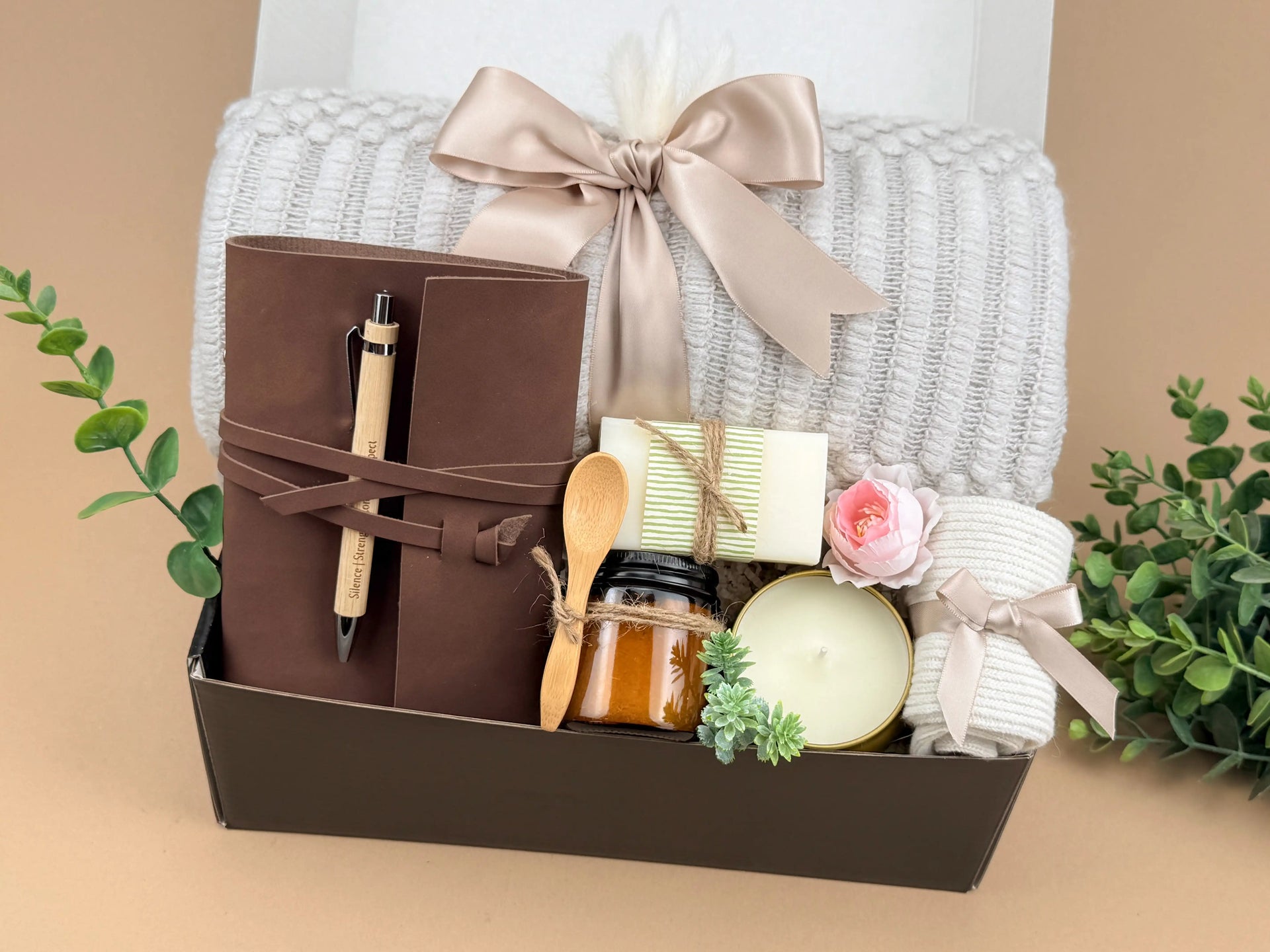 Everything Gift Box for Him – Leather Notebook, Candle, Bath Salts, Throw Blanket, Lemon Soap, Cozy Socks image 2