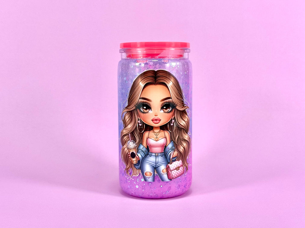 Fashionable Girl Acrylic Cup, Pink Iridescent Tumbler with Straw, 16 oz