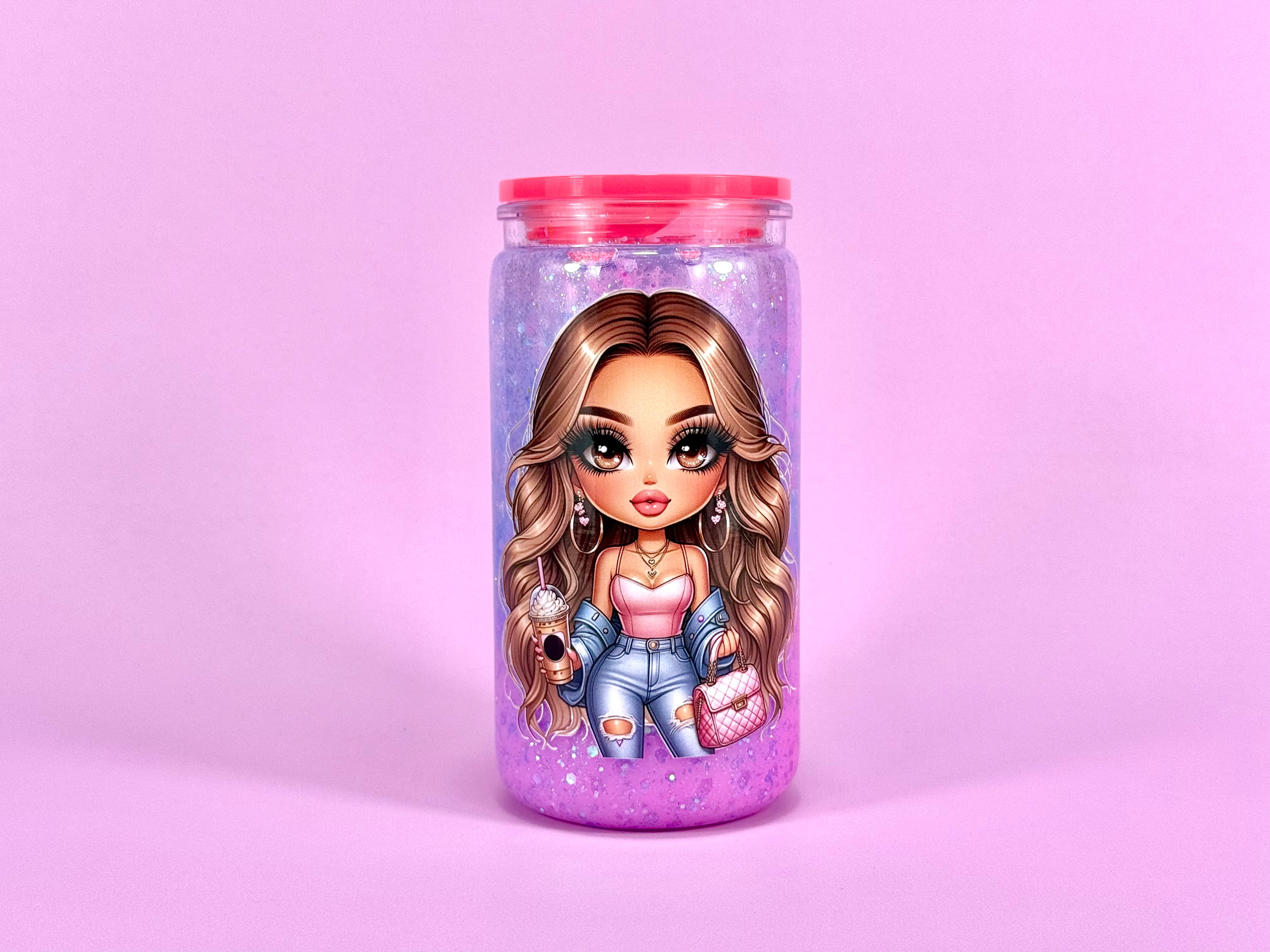 Fashionable Girl Acrylic Cup, Pink Iridescent Tumbler with Straw, 16 oz