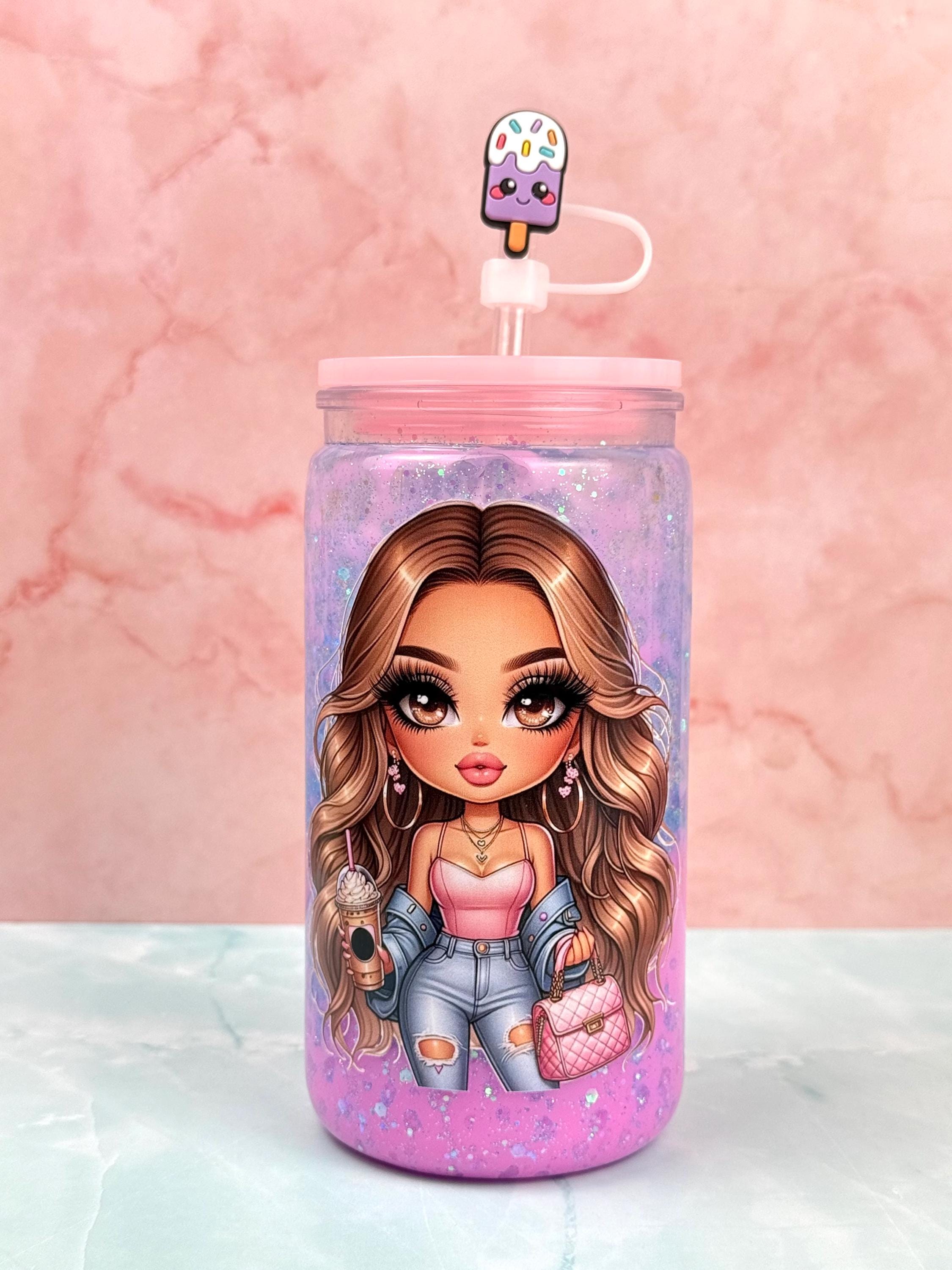 Fashionable Girl Acrylic Cup, Pink Iridescent Tumbler with Straw, 16 oz