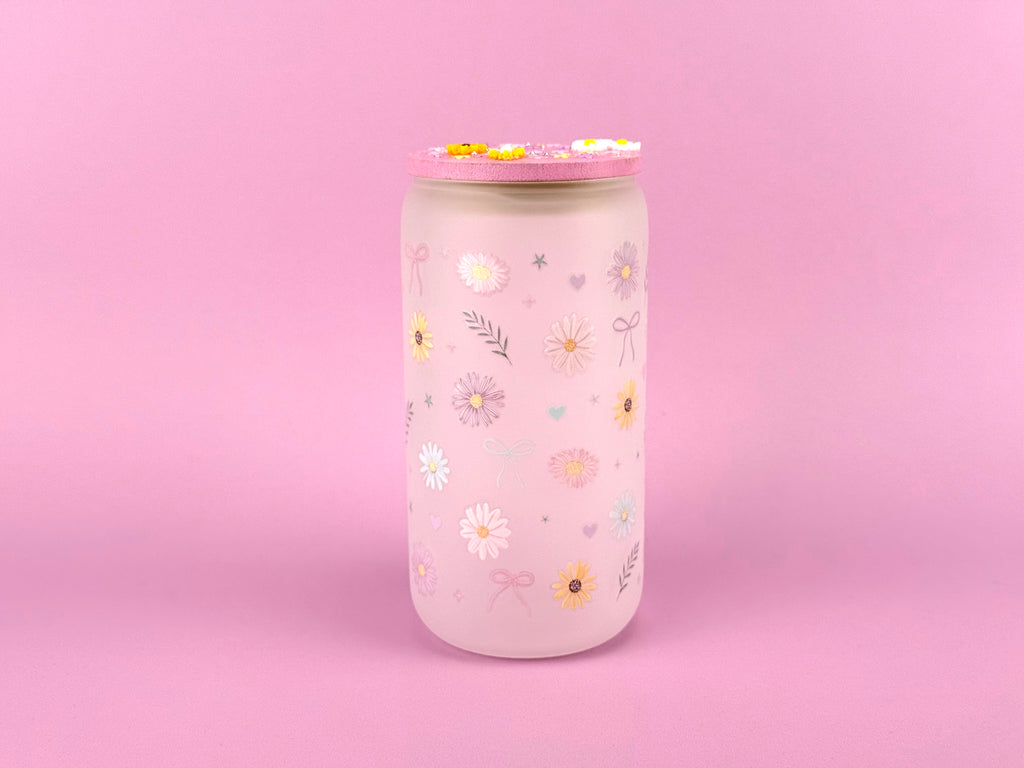 Flowers Snow Globe Glass Cup 16 oz — Matte Glass with Floral Lid