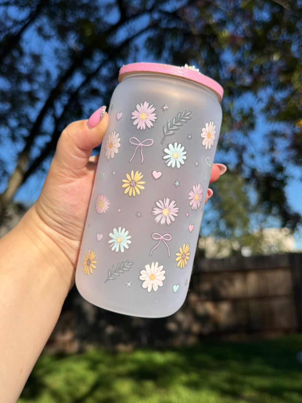 Flowers Snow Globe Glass Cup 16 oz — Matte Glass with Floral Lid Outside
