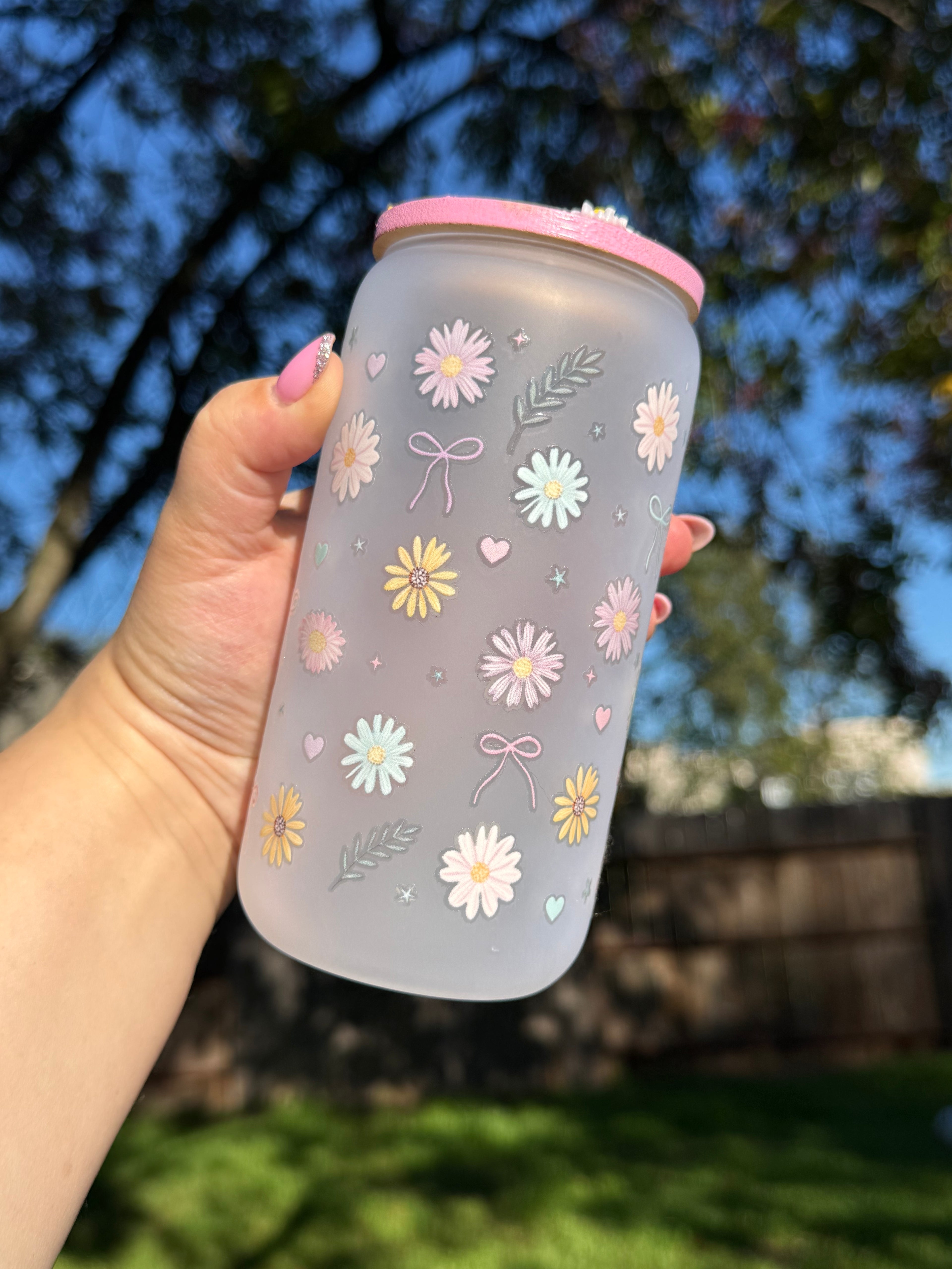 Flowers Snow Globe Glass Cup 16 oz — Matte Glass with Floral Lid Outside