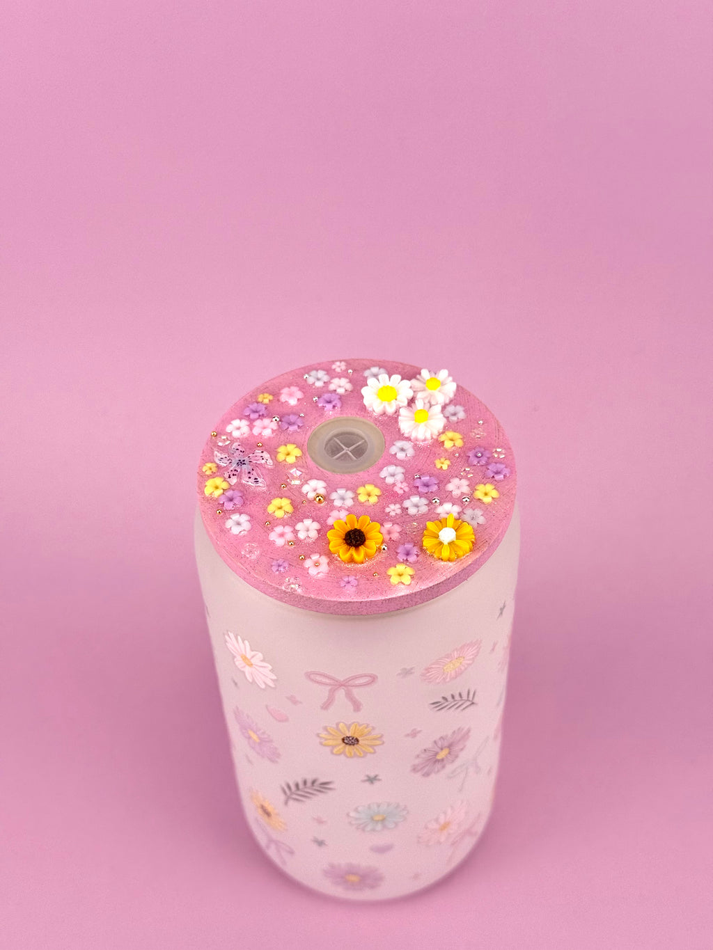 Flowers Snow Globe Glass Cup 16 oz — Matte Glass with Floral Lid Outside cap