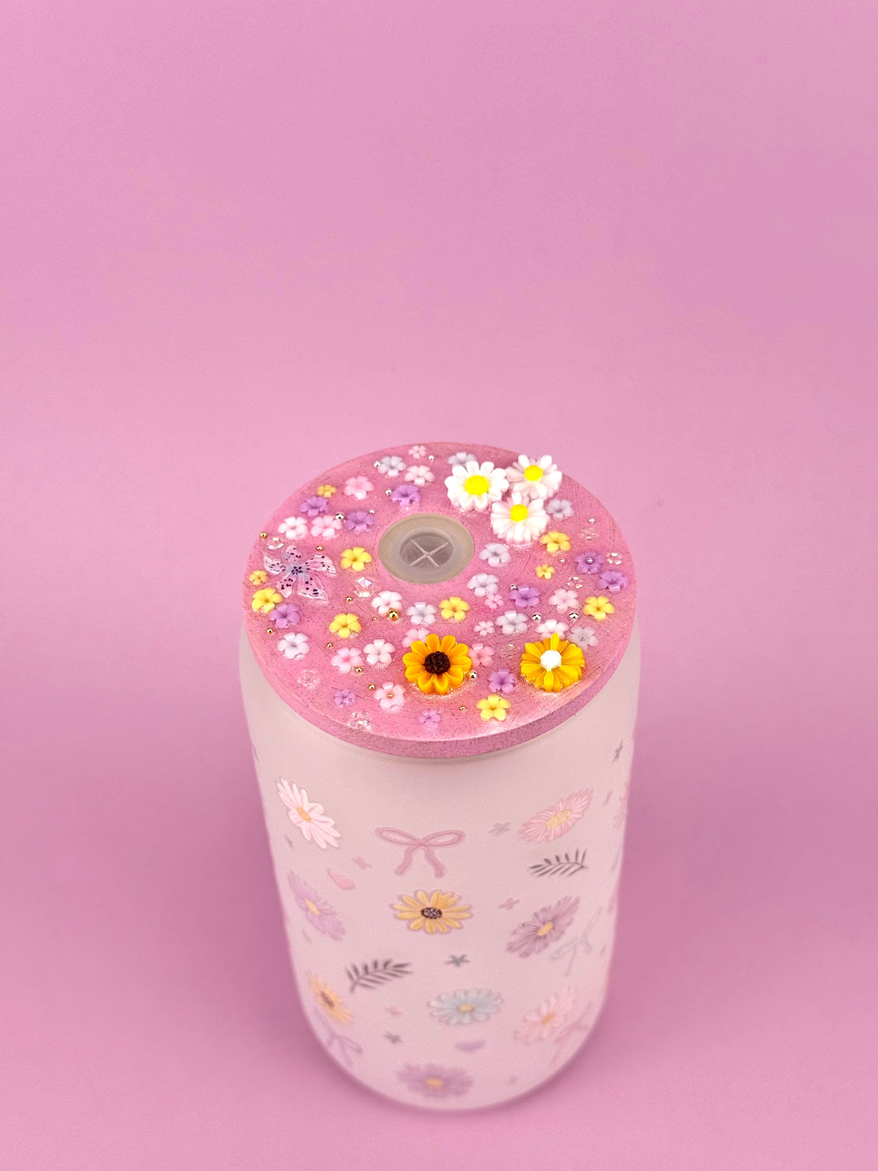 Flowers Snow Globe Glass Cup 16 oz — Matte Glass with Floral Lid Outside cap