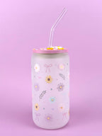 Flowers Snow Globe Glass Cup 16 oz — Matte Glass with Floral Lid Outside lid