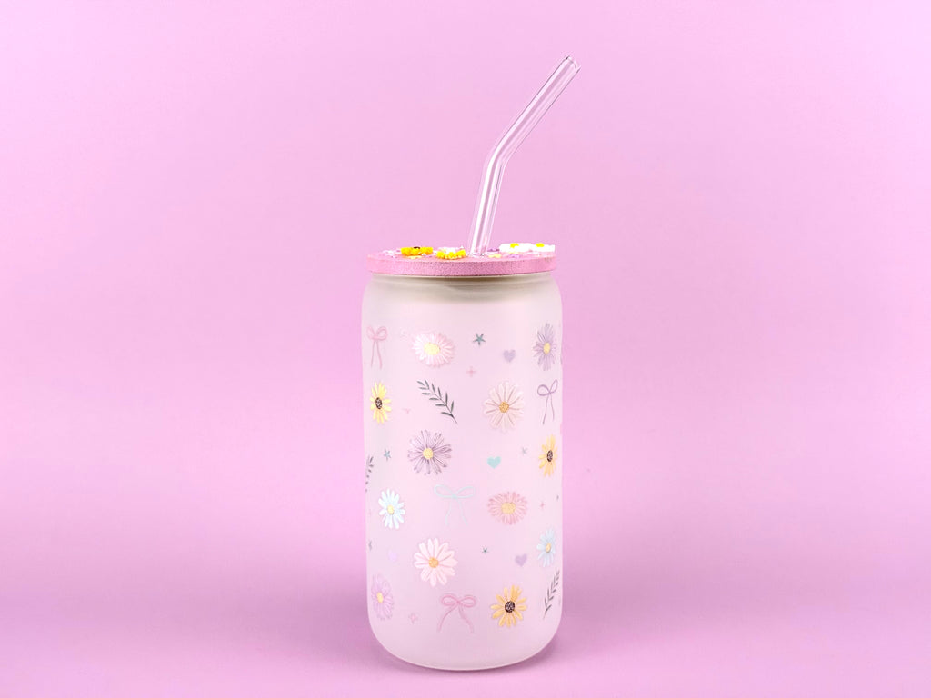 Flowers Snow Globe Glass Cup 16 oz — Matte Glass with Floral Lid Outside lid new