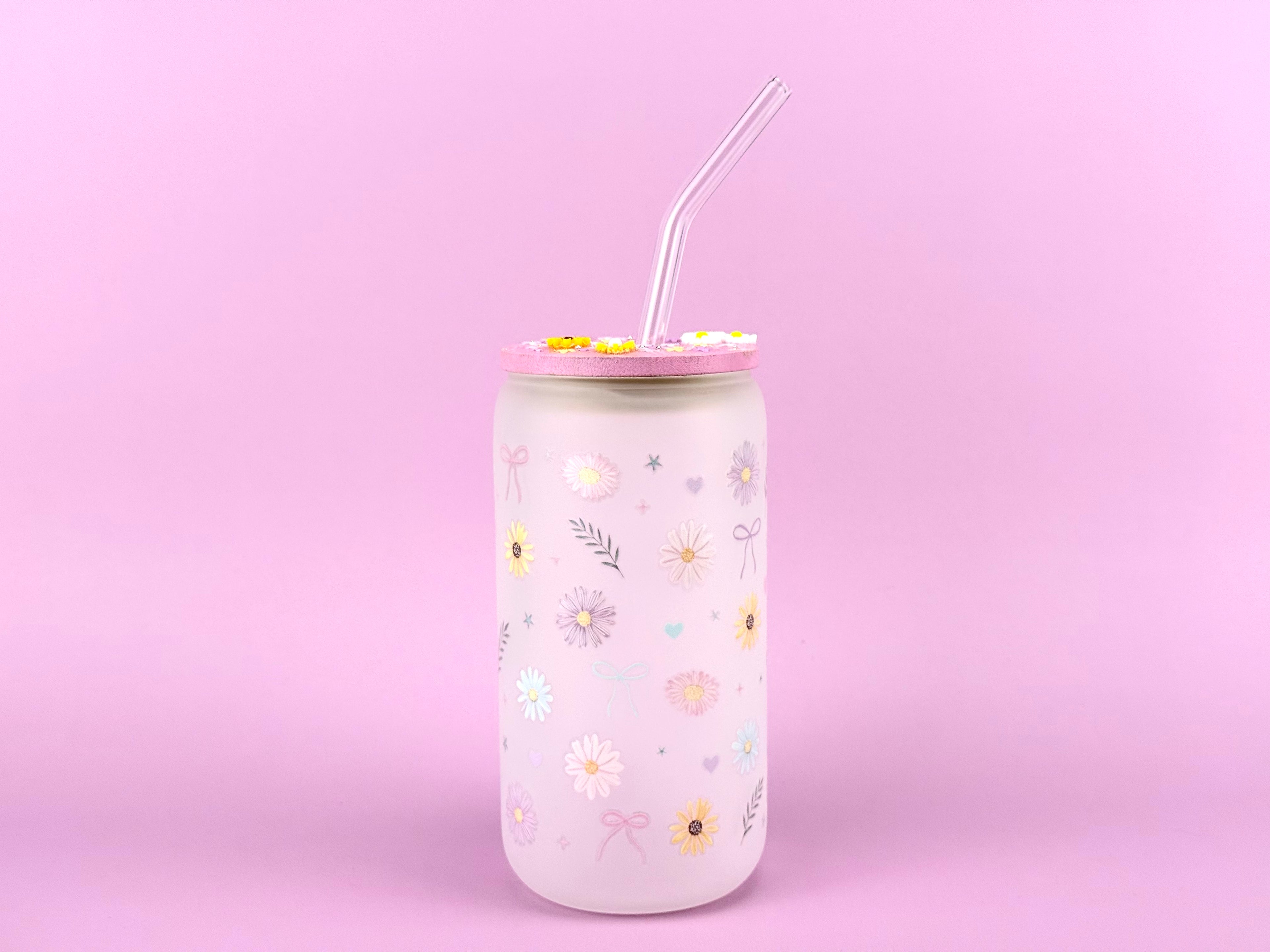 Flowers Snow Globe Glass Cup 16 oz — Matte Glass with Floral Lid Outside lid new