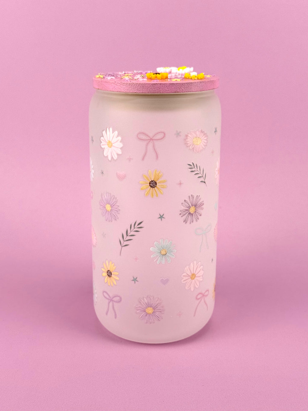 Flowers Snow Globe Glass Cup 16 oz — Matte Glass with Floral Lid Outside vertical