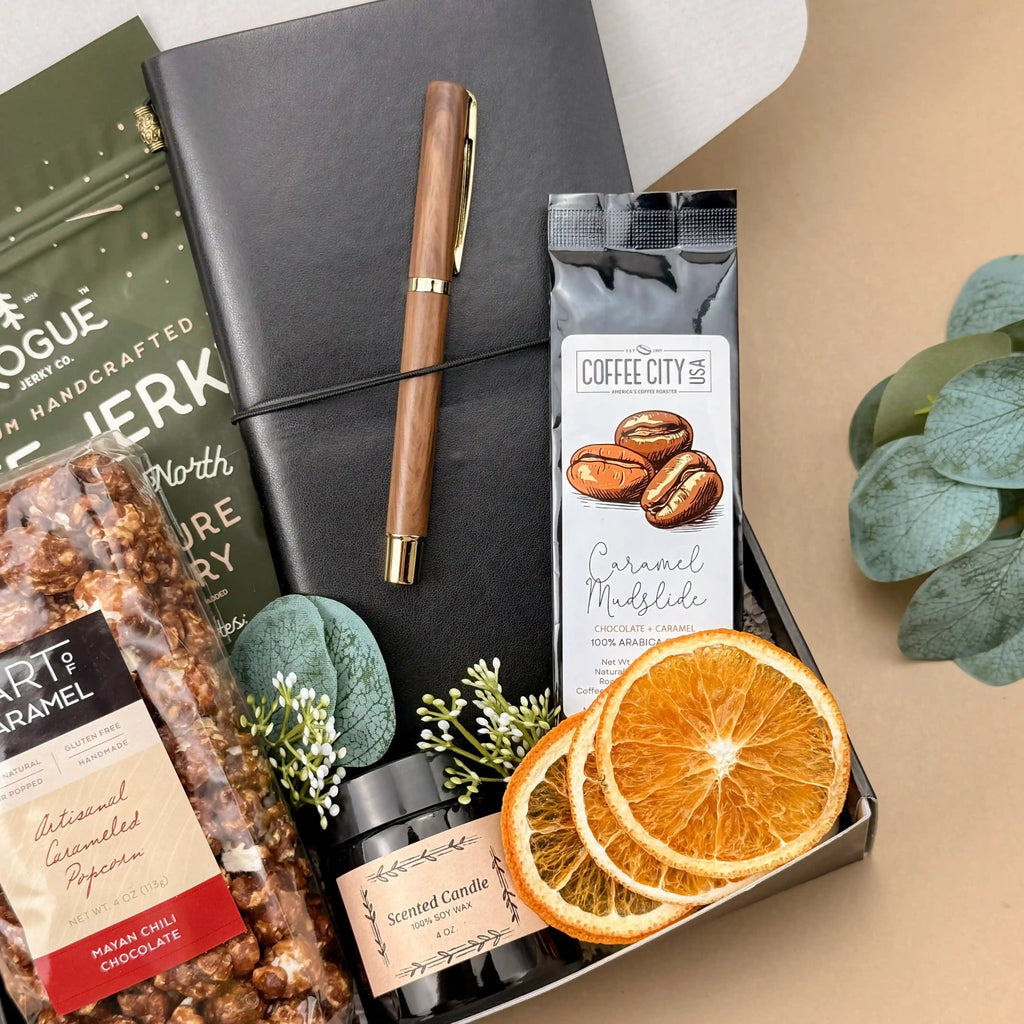 Gift Baskets for Men – Leather Journal, Coffee & Snacks 3