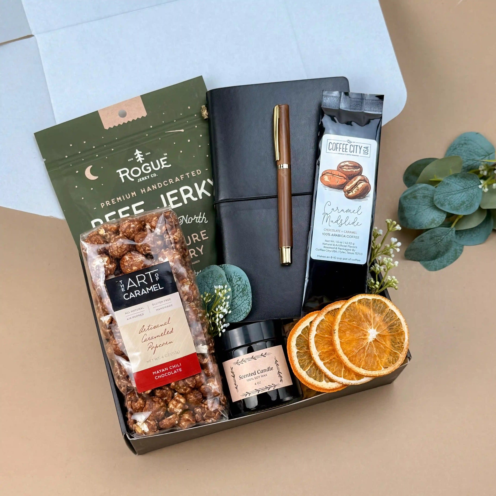 Gift Baskets for Men – Leather Journal, Coffee & Snacks