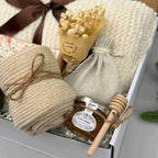 Golden Cozy Moments Gift Box – Blanket, Honey, Candle & Sweet Comfort 7721