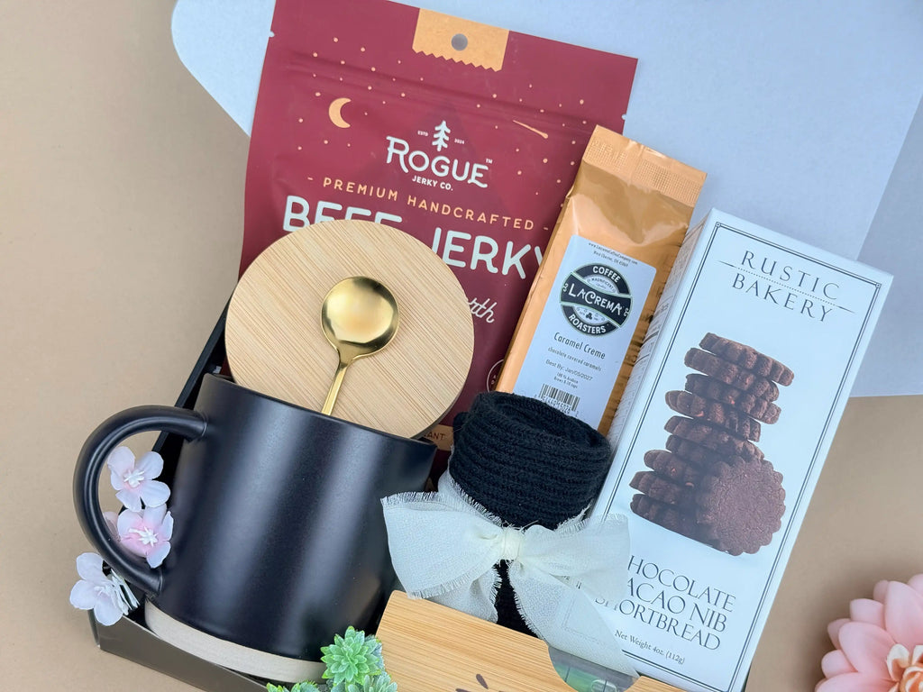Gourmet Coffee Gift Box for Dad – Mug, Caramel Coffee, Jerky, Shortbread, Socks & Accessories 5